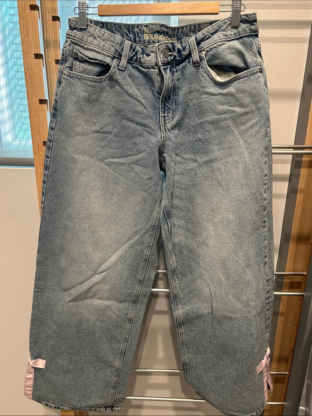 No Boundaries Light Wash Wide Leg Jeans with Pink Ribbon Accents